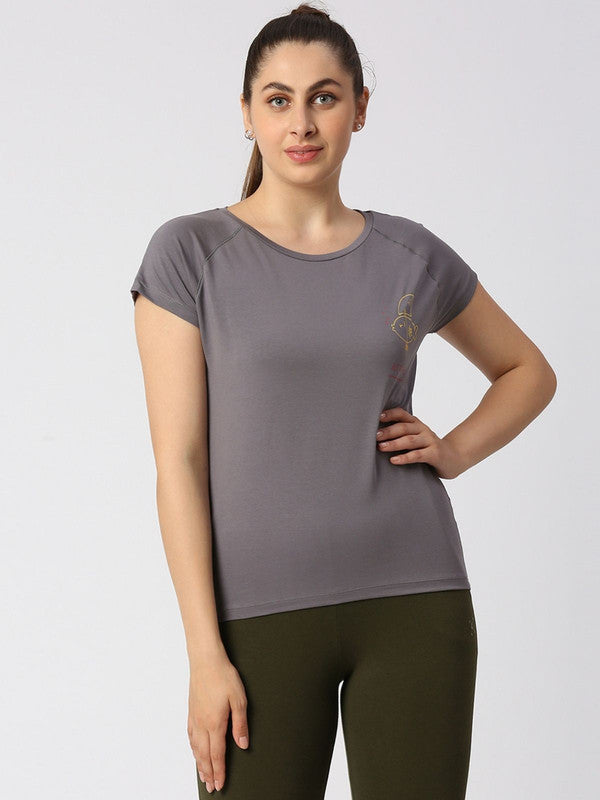 Women Grey Solid Sports T-Shirt - Space Tee-GR