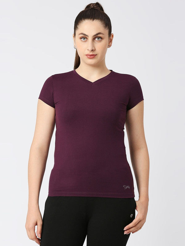 Women Purple Solid Top - V-Neck Tee-PUR