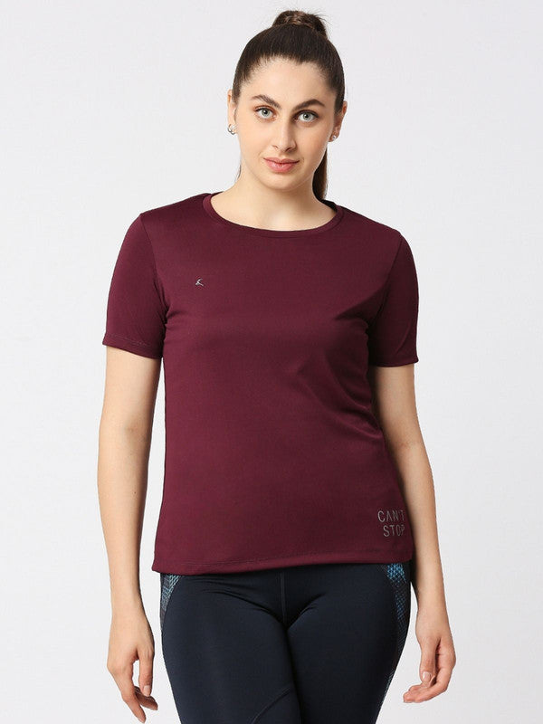 Women Wine Solid Regular Fit Sports T-Shirt - Ventura Tee-WN